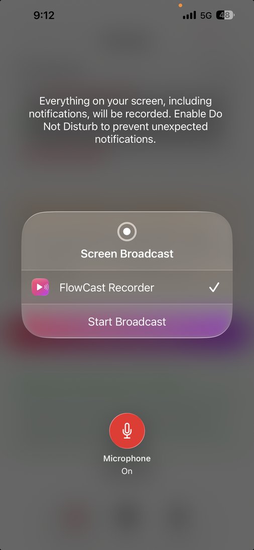 Apple's Screen Broadcast pop-up with FlowCast Recorder selected and the microphone on