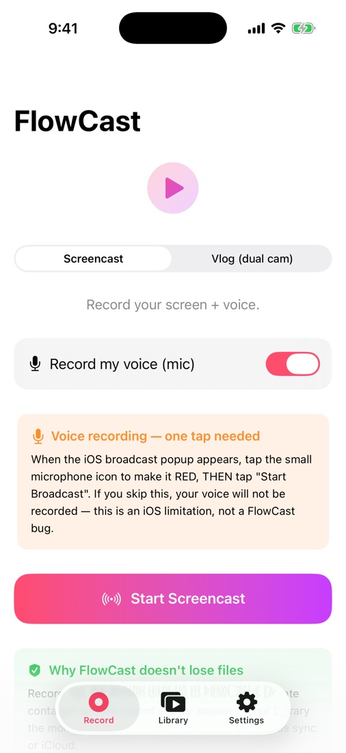 FlowCast record screen