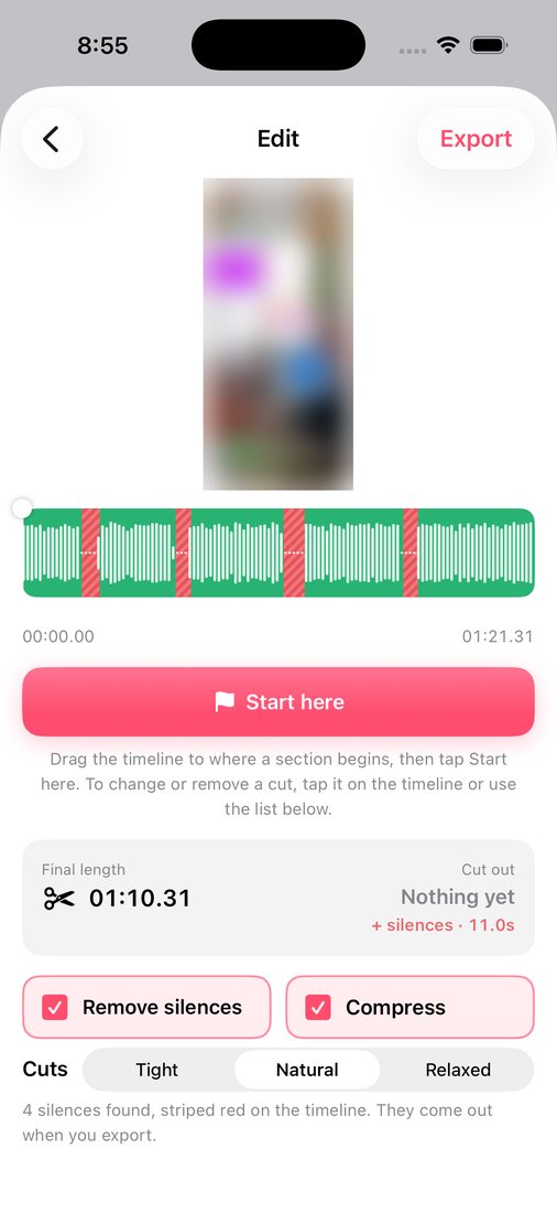 FlowCast editor with Remove silences and Compress ticked