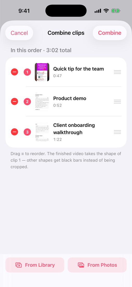 Combine clips screen