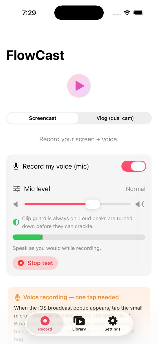 Mic level slider, clip guard and live level meter